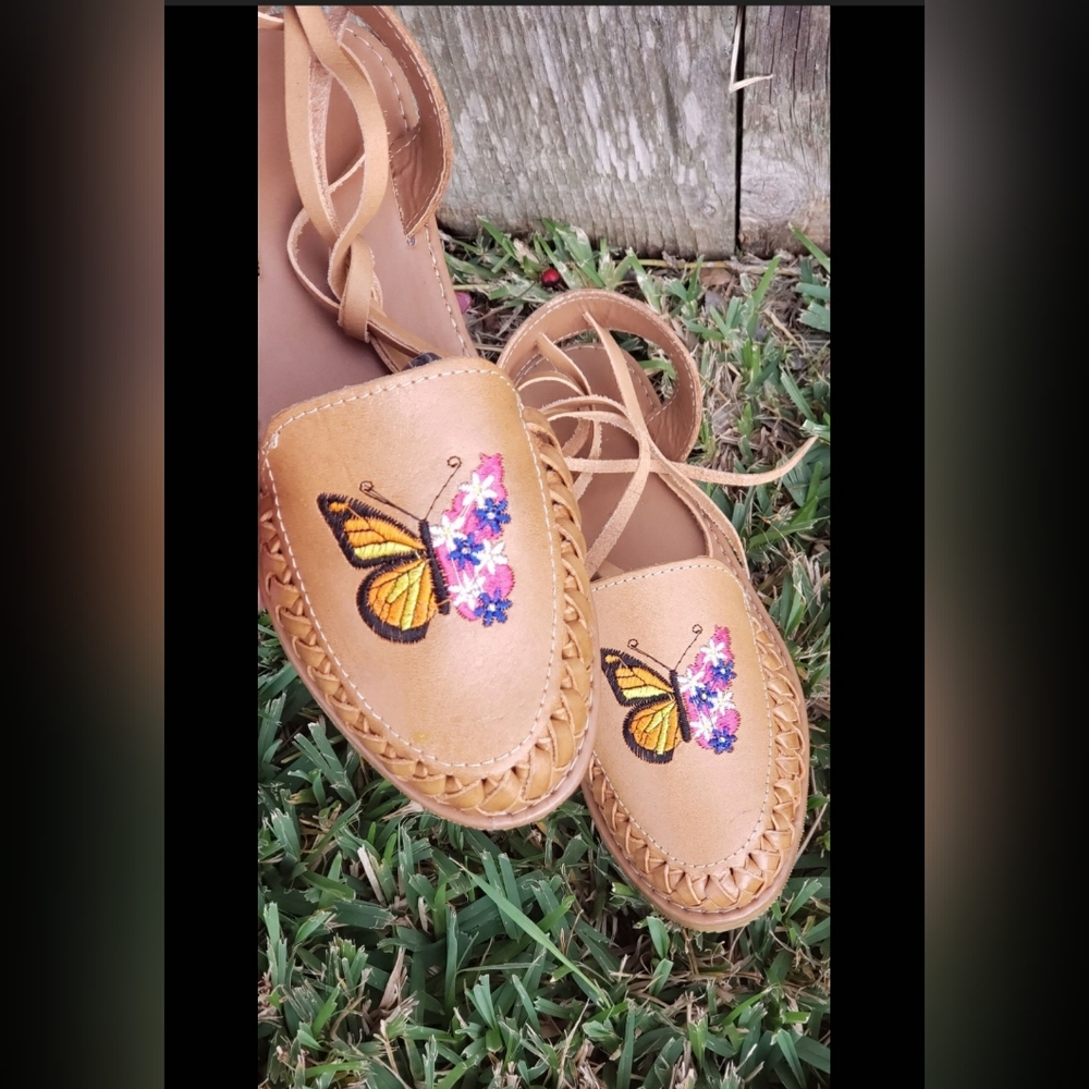 Embroidered Butterfly Leather Flats | Tan Boho Artisan Lace-Up Shoes
